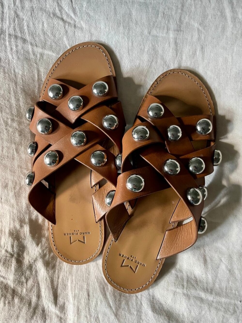 Marc Fisher Raidan Tan Brown Leather Studded Slides Sandals 8.5